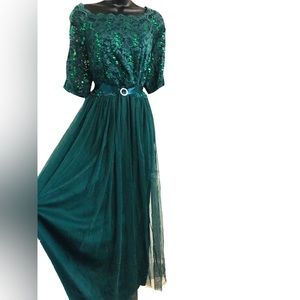 Emerald green lace tulle boatneck chiffon crystal belted gown maxi dress size 2X